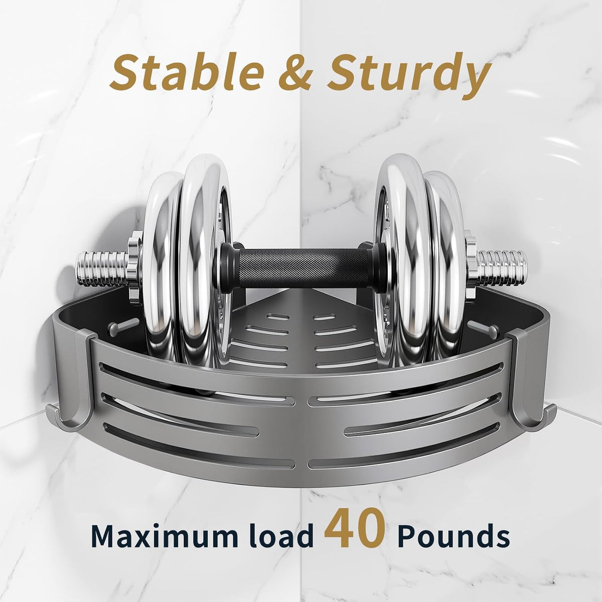 Adhesive Corner Shower Caddy with Hooks, Bathroom Shower Organizer, No Drilling Rust Proof Stainless Steel Shower Shelf for Inside Shower, Grey, 2 Pack