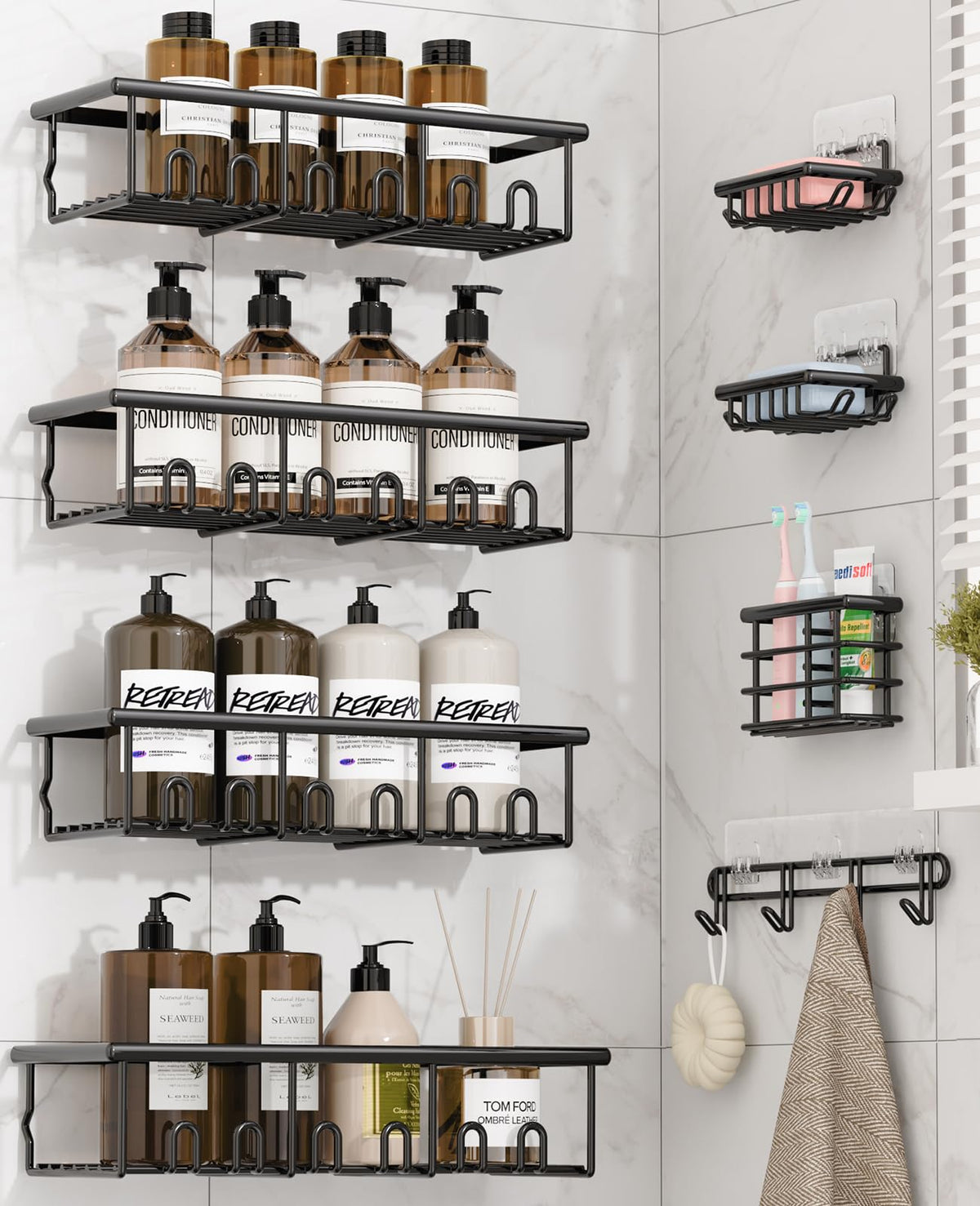 8 Pack Adhesive Bathroom Holders & Dispensers for Kids & Adults, Black