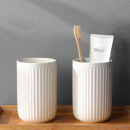 Toothbrush Holders - 2 Cup Ceramic Toothbrush Toothpaste Holders Set, Beige Bathroom Tumbler Cups Reusable Toothbrush Mouthwash Cup, Bathroom Counter Organizer