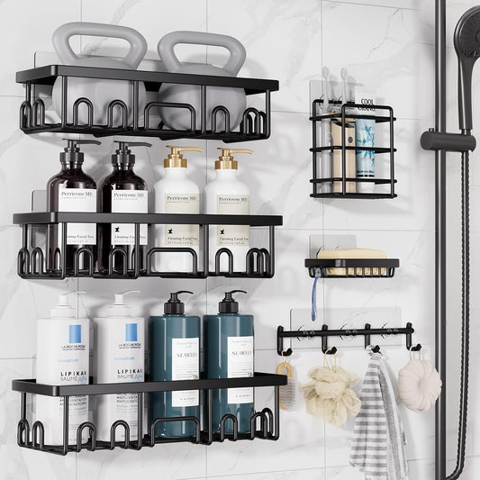 Veken Shower Caddy 6-Pack with Hooks, Bathroom Organizers & Storage, Black