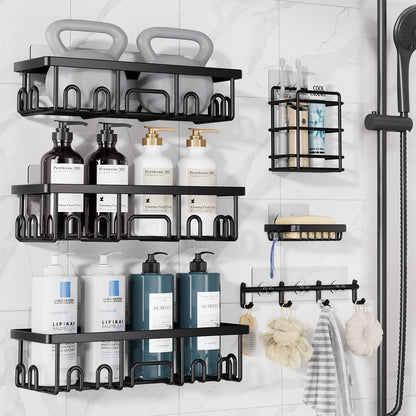 Veken Shower Caddy 3-Pack, Advanced Rustproof Design, No Drilling Adhesive Shelves, Rack with Soap Holder, Large Capacity Bathroom Organizers and Storage, Wall-Mounted Kitchen & Home Decor, Black