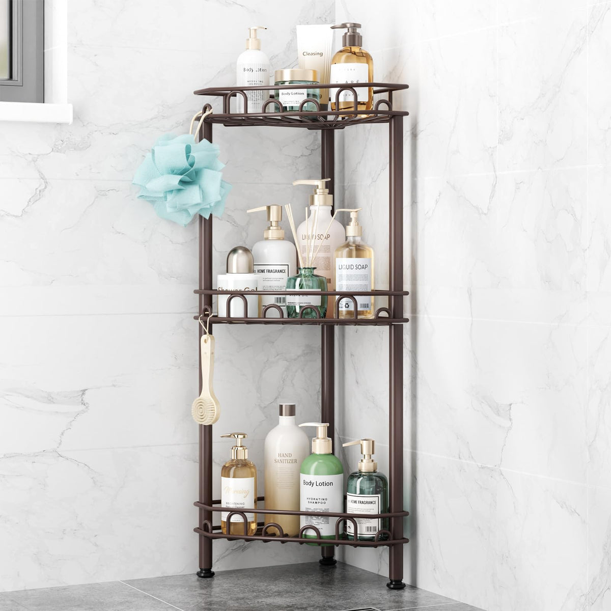 SWTYMIKI Standing Shower Caddy Corner - 3‑Tier Stainless Steel Shower Organizer Shelf with 12 Hooks and Adhesive Pads, Rustproof Corner Shelves Stand Rack for Bathroom Shower Room, Black