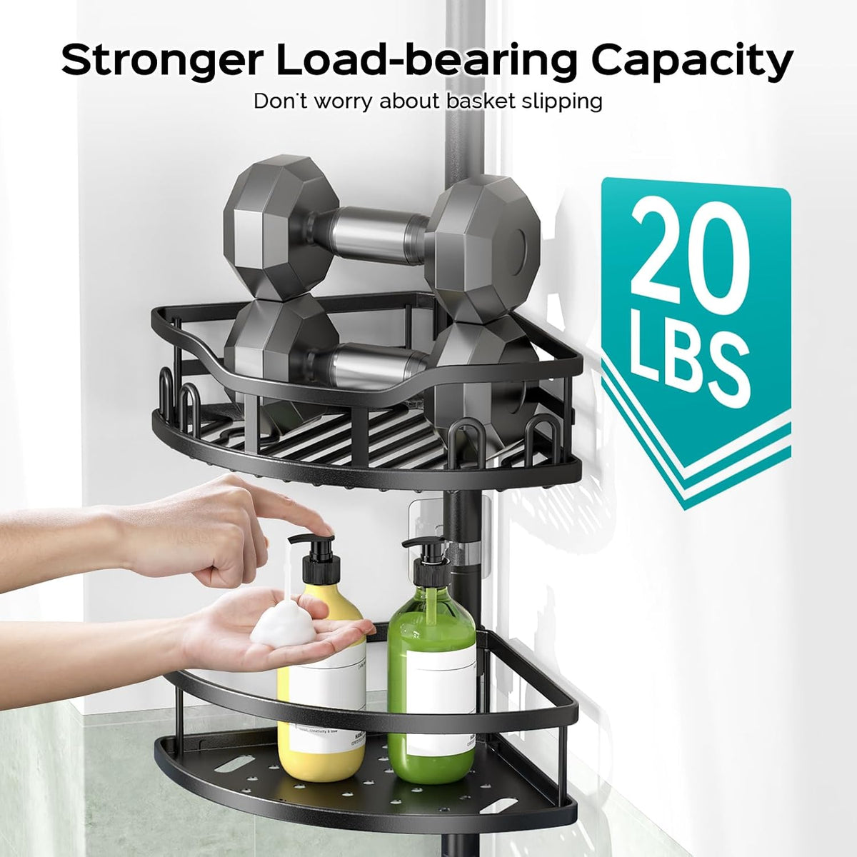 HAMITOR Corner Shower Caddy Tension Pole: Rustproof Stable 4-Tier Bathroom Organizer Shelves for Bathtub Shampoo Storage - 47-121 Inch Quick Install Adjustable Standing Rack with Soap Rack - Black