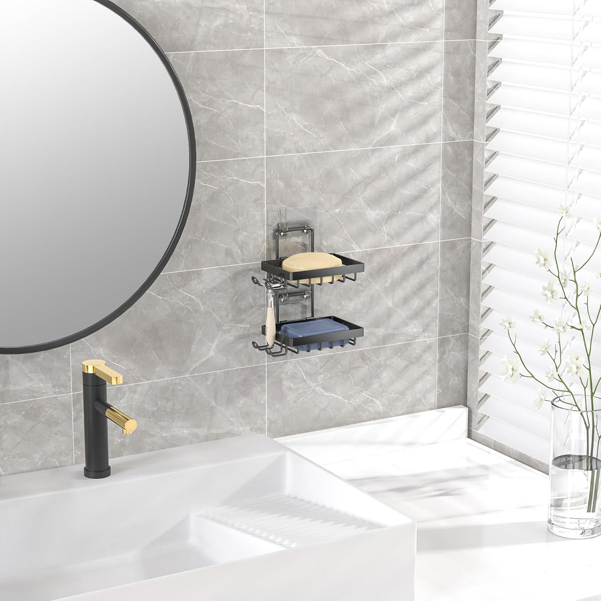 Moforoco Double Soap Bar Holder for Shower, No Drilling, 304 Stainless Steel, Wall Mounted Soap Holder with 4 Hooks and Razor Holder, Shower Rack Soap Tray Bar Soap for Bathroom Accessories Organizer