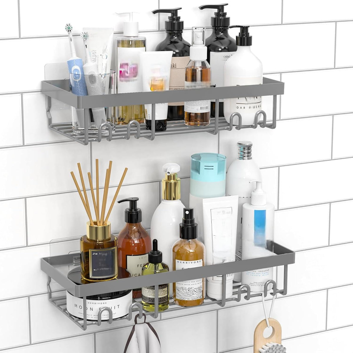 Moforoco Shower Caddy Shelf Organizer Rack, Self Adhesive Black Bathroom Shelves Basket, Home Farmhouse Wall Inside Organization and Storage Decor Rv Accessories, First Camper Apartment Essentials