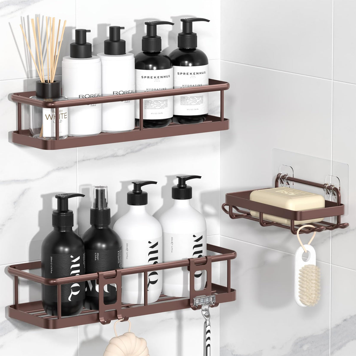 YASONIC Shower Caddy Adhesive, Rustproof Shower Organizer, Large Capacity Shower Shelves for Inside Shower, No Drilling Bathroom Organizers and Storage for Home Decor （2 Pack Bronze）