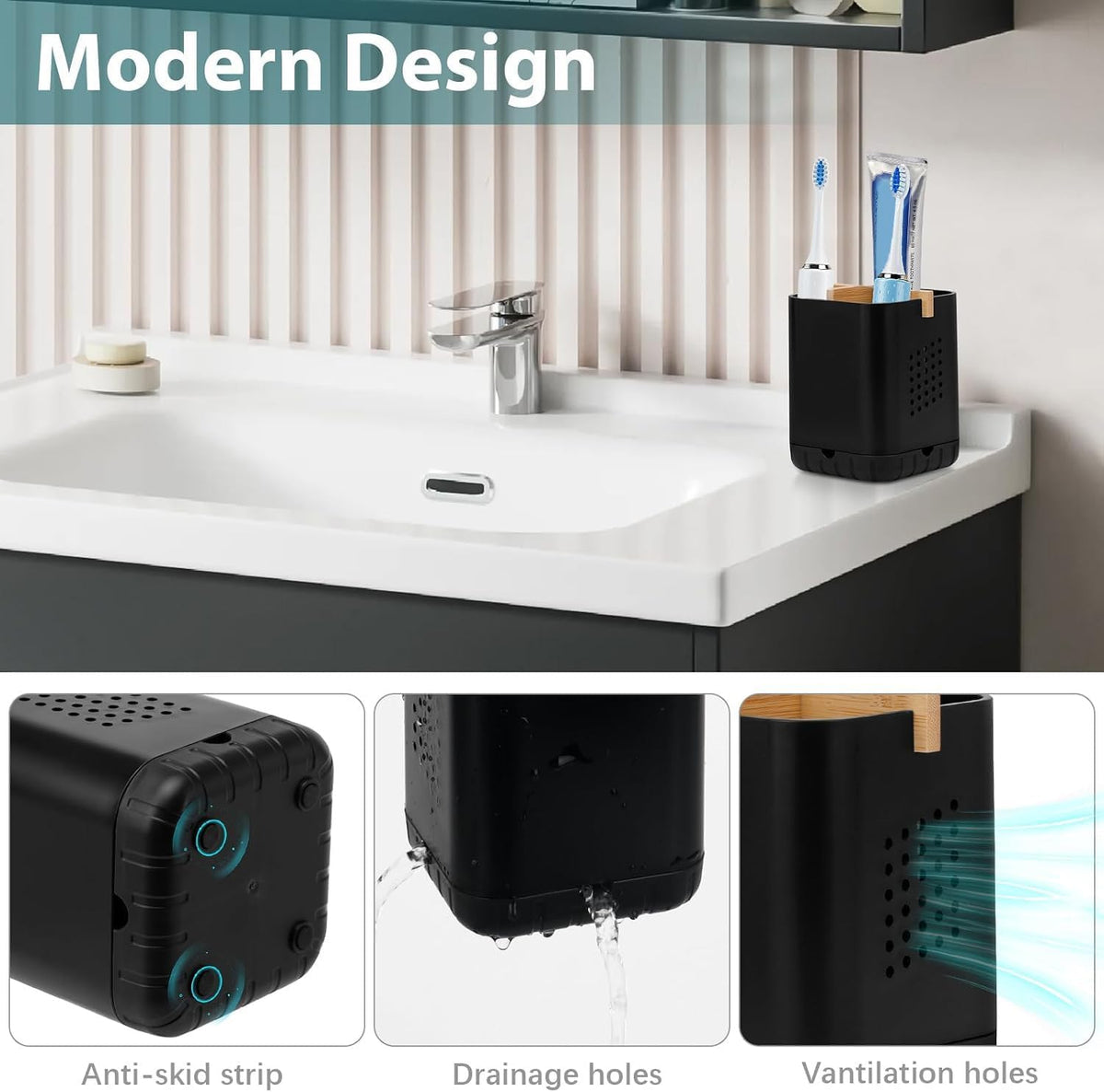 Boperzi Black Toothbrush Holders for Bathroom, Electric Toothbrush Holder with Bamboo Divider, Detachable Anti-Slip Toothbrush and Razor Holder Drainage for Shower, Toothbrush Organizer and Storage
