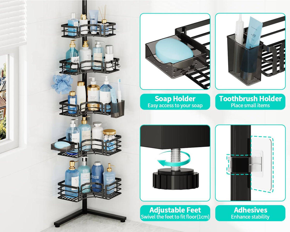 HapiRm Corner Shower Caddy Stand - 5-Tier Adjustable Shower Shelves, Black