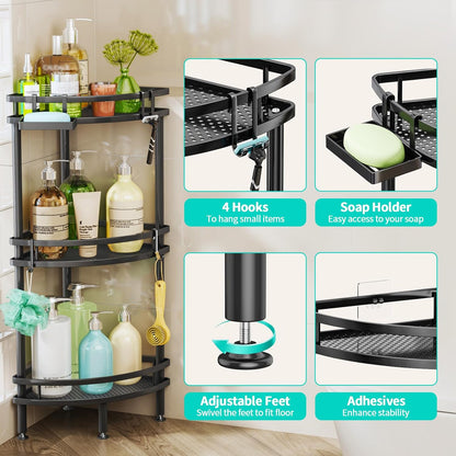 HapiRm Standing Corner Shower Caddy - 3 Tier Shower Organizer Corner with Soap Holder and 4 Hooks, Rustproof Bathroom Storage Shelves with Adhesives, Black