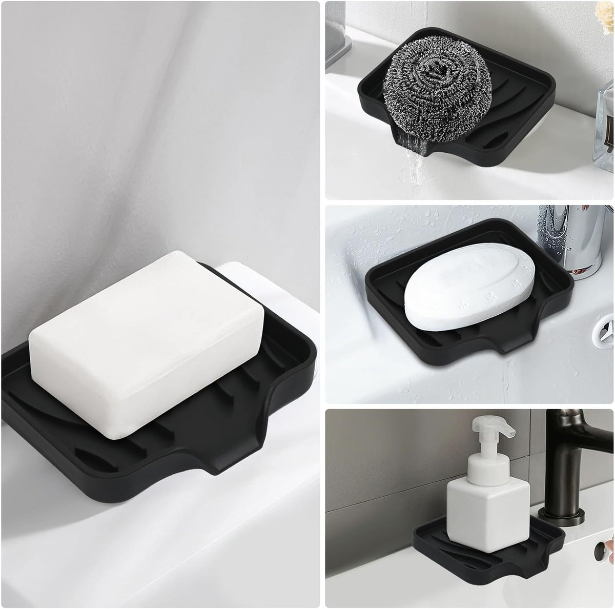 2 Pack Silicone Soap Dish with Drain, Bar Soap Holder for Shower,Bathroom and Kitchen Sink Organizer,Self Draining Waterfall Soap Tray (Black)