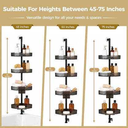 Corner Shower Caddy, Adjustable 4-Tier Rustproof Bathroom Organizer Shelves, 45-75 Inch No-Drill Quick Installation Bathtub Corner Shelf