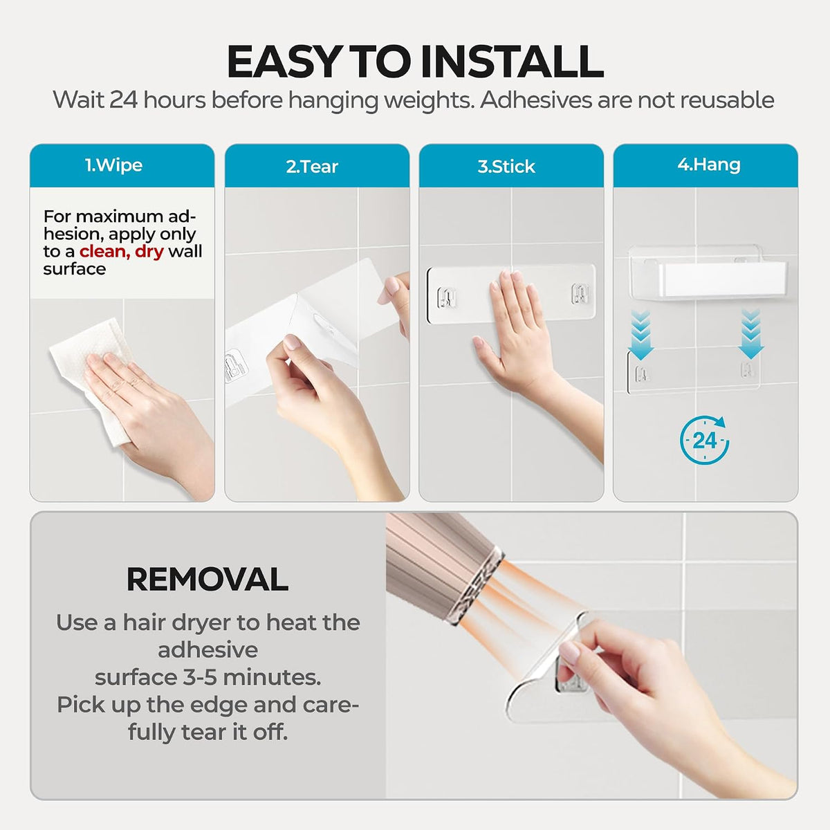 Nieifi Adhesive Shower Shelves, Clear, 5 Pieces