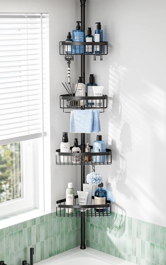 Corner Shower Caddy Tension Pole: Adjustable Rustproof 4-Tier Inside Bathroom Organizer - 47-121 inch Quick Installation Bathtub Shelves for Shampoo Storage - Rod Floor Standing Bath Rack - Black