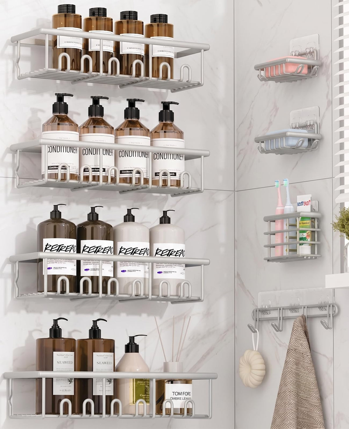 8 Pack Adhesive Bathroom Holders & Dispensers for Kids & Adults, Black
