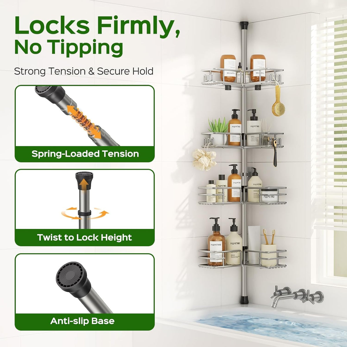 HAMITOR Shower Caddy Tension Pole, 4-Tier No Drill Corner Shower Organizer