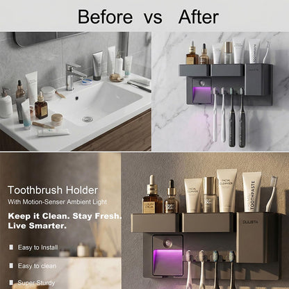 Toothbrush Holders for Bathrooms Toothbrush Holders Wall Mounted with Magnetic Night Light-4 Toothbrush Slots, 3 Independent Storage Compartments Bathroom Decor All-in-One Organizers Accessories Black
