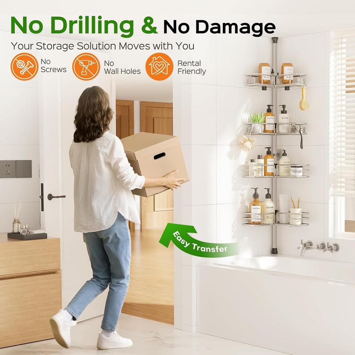 HAMITOR Shower Caddy Tension Pole, 4-Tier No Drill Corner Shower Organizer