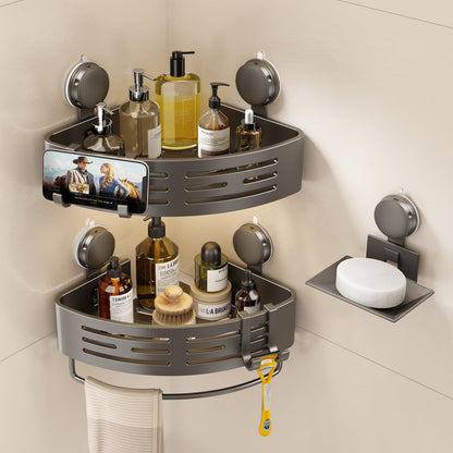 VOLPONE Corner Shower Caddy Suction Cup Shower Shelf Corner No Drilling Bathroom Shower Organizer Storage Rack Adhesive with Towel Bar Hooks (2-Pack,Gray)