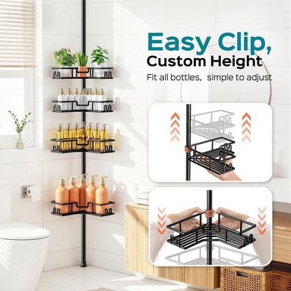 HAMITOR Shower Caddy Tension Pole: 4-Tier Adjustable Corner Shelf Black