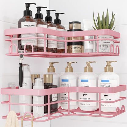 Sakugi Corner Shower Caddy - 2 Pack, Adhesive Shower Organizers, Rustproof Stainless Steel Shower Shelves with 8 Hooks, No Drilling Bathroom Organizers and Storage Racks, Space-Saving, Silver, Medium