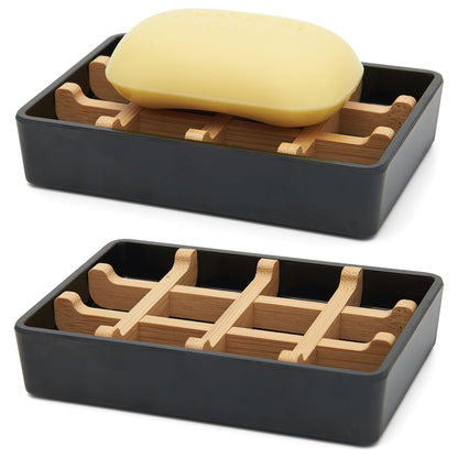 Bamboo Soap Dishes for Shower Wooden Soap Bar Holder for Bathroom Soap Tray Easy to Clean, Durable and with Non-Slip Pads(Single White Square)