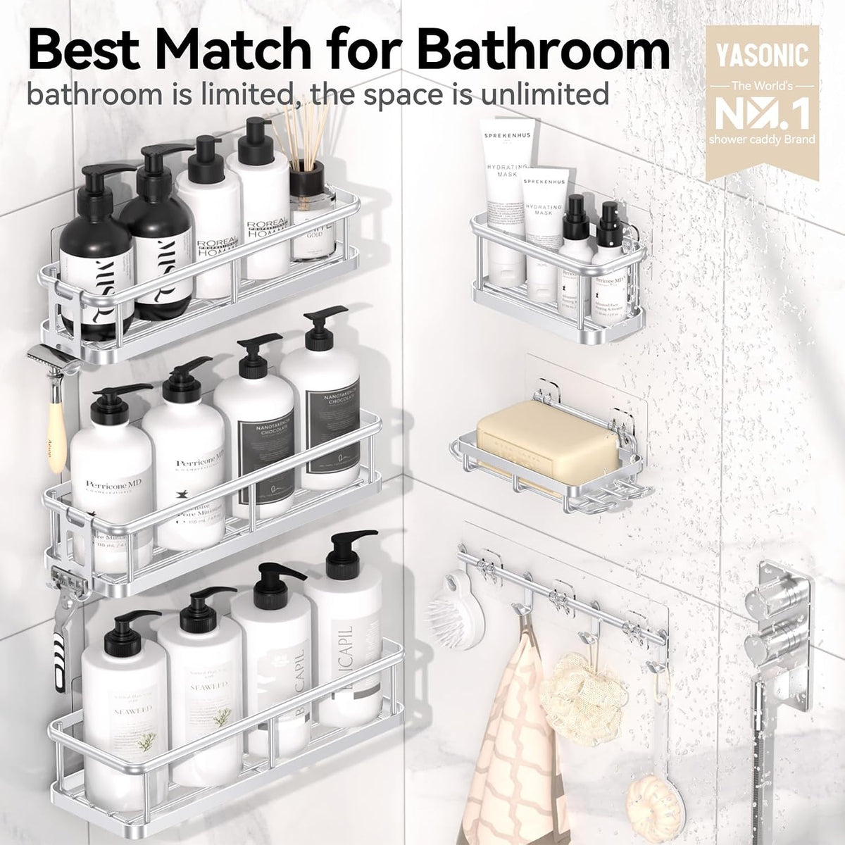 YASONIC Shower Caddy Adhesive, Rustproof Shower Shelves for Inside Shower