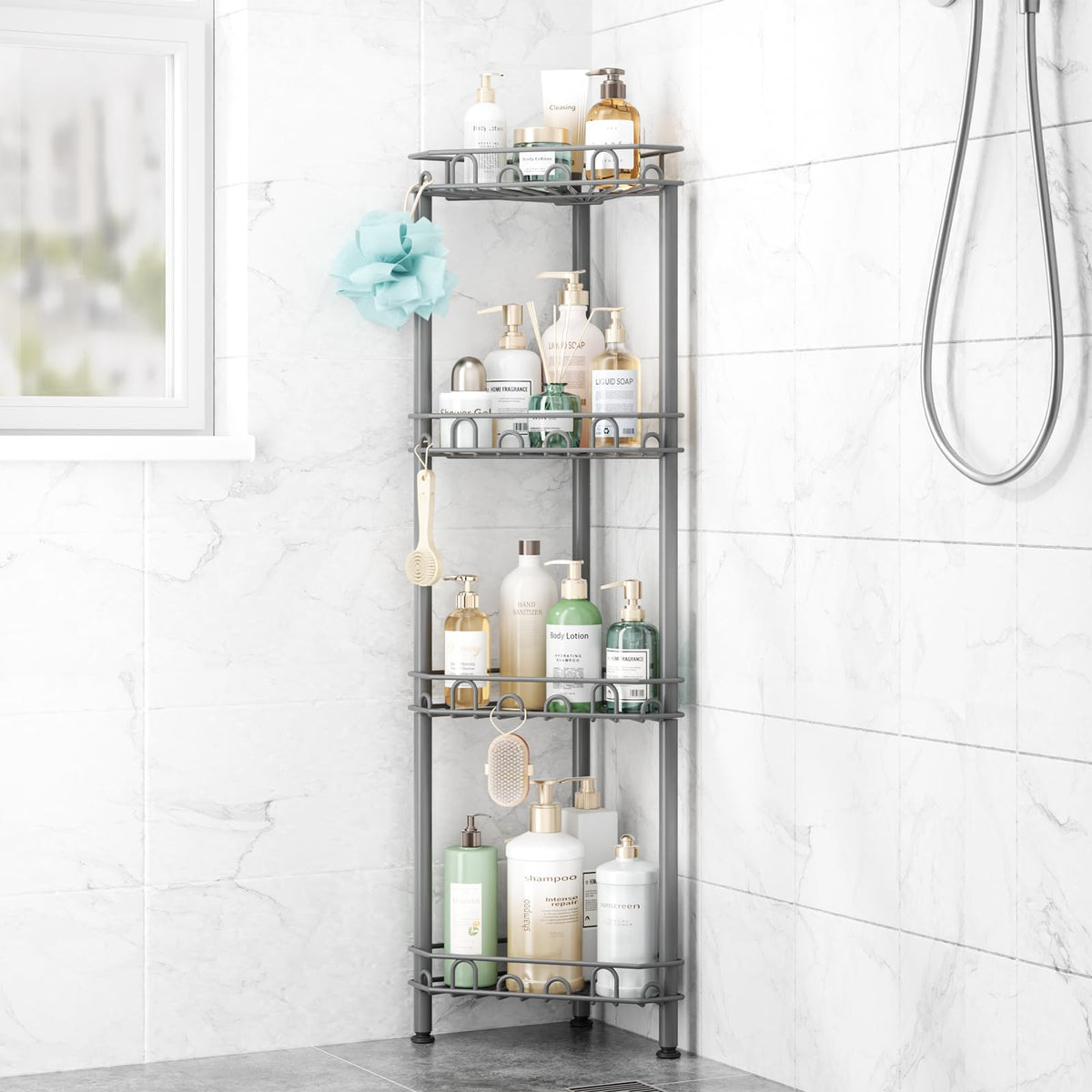 SWTYMIKI Standing Shower Caddy Corner - 3‑Tier Stainless Steel Shower Organizer Shelf with 12 Hooks and Adhesive Pads, Rustproof Corner Shelves Stand Rack for Bathroom Shower Room, Black