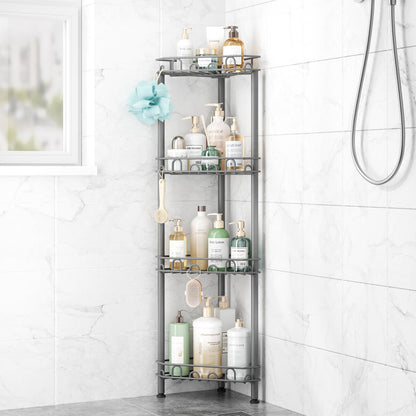 SWTYMIKI Standing Shower Caddy Corner - 3‑Tier Stainless Steel Shower Organizer Shelf with 12 Hooks and Adhesive Pads, Rustproof Corner Shelves Stand Rack for Bathroom Shower Room, Black