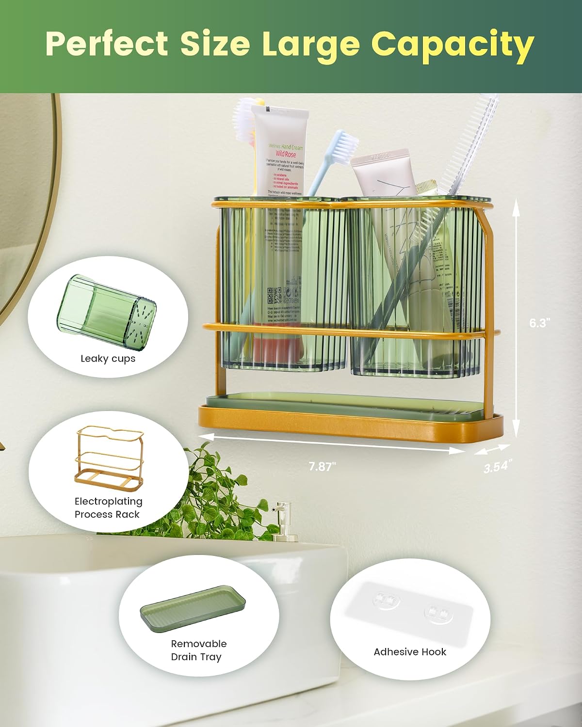 KONE Green Toothbrush Holders for Bathrooms, 2 Cups Toothbrush Holders Wall Mounted, Dry & Wet Separation, Bathroom Organizers and Storage, Bathroom Toothbrush Holder Set for Family Kids