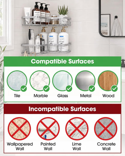 Sakugi Corner Shower Caddy - 2 Pack, Adhesive Shower Organizers, Rustproof Stainless Steel Shower Shelves with 8 Hooks, No Drilling Bathroom Organizers and Storage Racks, Space-Saving, Silver, Medium