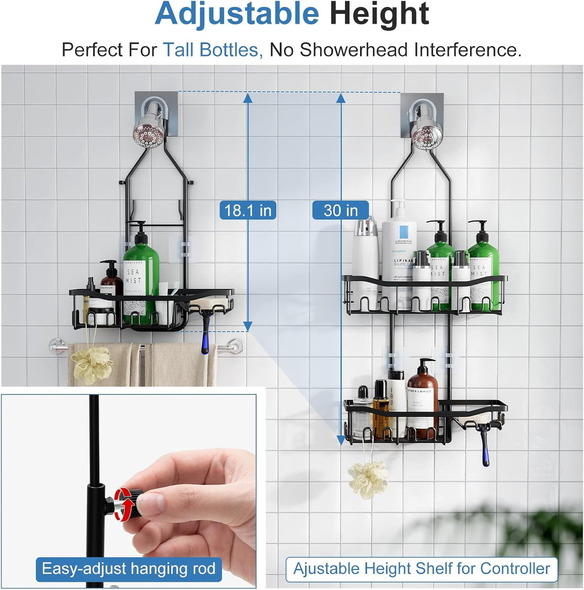 Upgraded Extended Length Shower Organizer with Hooks, Rustproof Shampoo Soap Holder, Large Hanging Bathroom Caddy