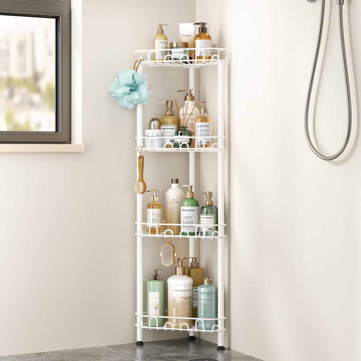 SWTYMIKI Standing Shower Caddy Corner - 3‑Tier Stainless Steel Shower Organizer Shelf with 12 Hooks and Adhesive Pads, Rustproof Corner Shelves Stand Rack for Bathroom Shower Room, Black