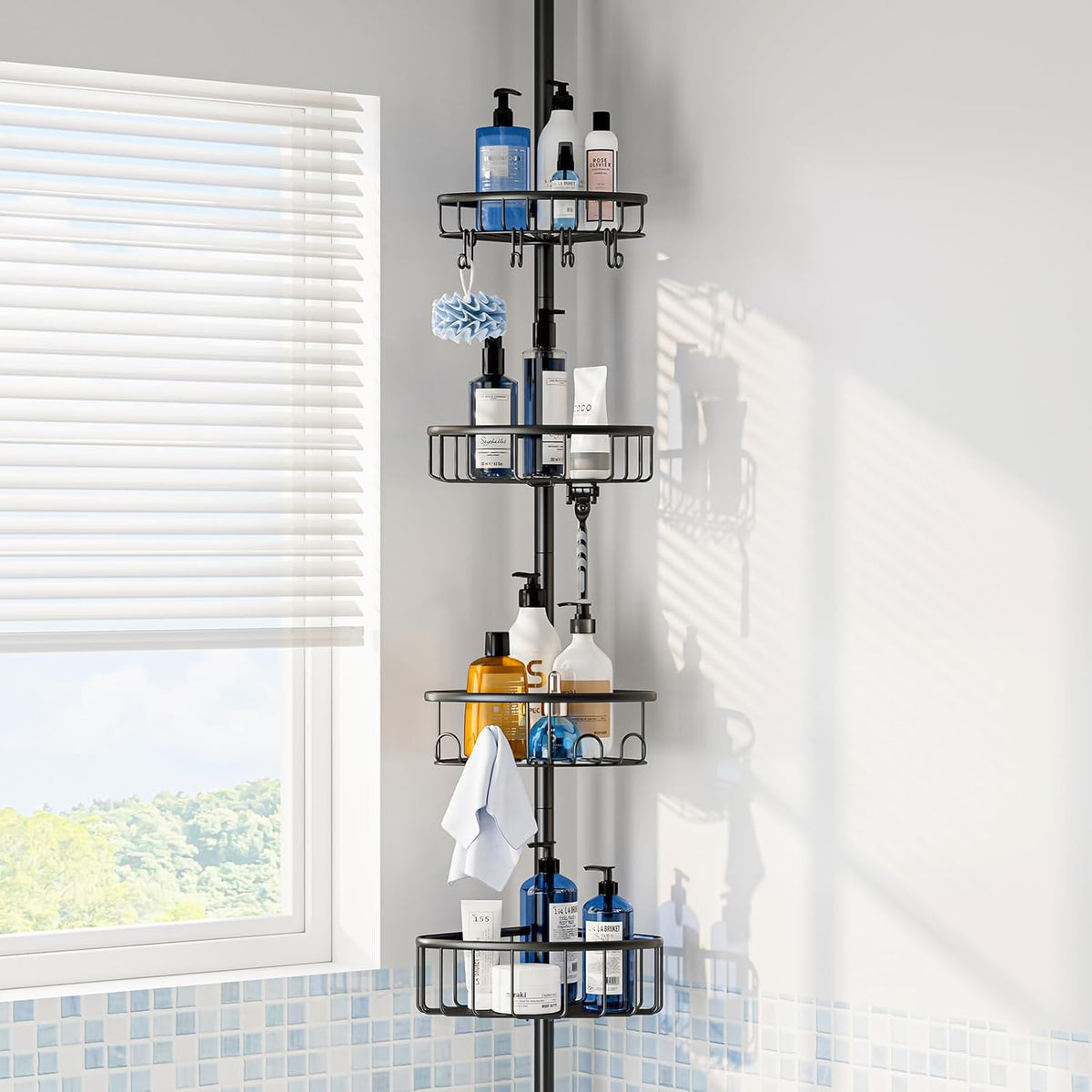 Corner Shower Caddy Tension Pole: Stainless Steel Rustproof 4-Tier Shower Organizer - 47-121 inch Adjustable Bathroom Shelves for Bathtub Shampoo Storage - Tension Rod Floor Standing Bath Rack - Black