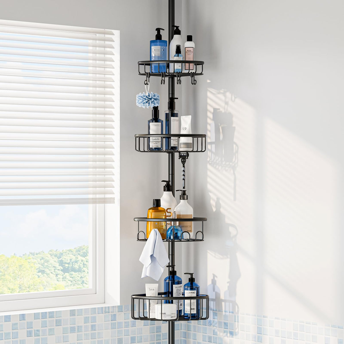Corner Shower Caddy Tension Pole: Stainless Steel Rustproof 4-Tier Shower Organizer - 47-121 inch Adjustable Bathroom Shelves for Bathtub Shampoo Storage - Tension Rod Floor Standing Bath Rack - Black