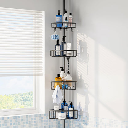 Corner Shower Caddy Tension Pole: Stainless Steel Rustproof 4-Tier Shower Organizer - 47-121 inch Adjustable Bathroom Shelves for Bathtub Shampoo Storage - Tension Rod Floor Standing Bath Rack - Black
