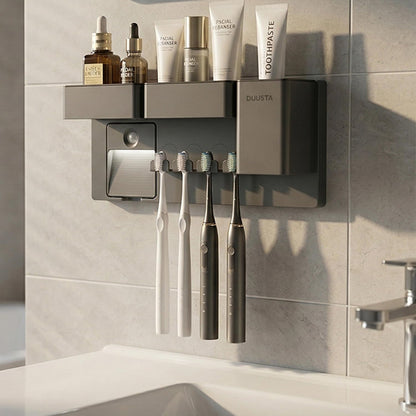 Toothbrush Holders for Bathrooms Toothbrush Holders Wall Mounted with Magnetic Night Light-4 Toothbrush Slots, 3 Independent Storage Compartments Bathroom Decor All-in-One Organizers Accessories Black