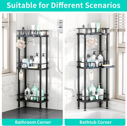 HapiRm Standing Corner Shower Caddy - 3 Tier Corner Shower Organizer with Soap Holder, Rustproof Stainless Steel Bathroom Shelf with 4 Hooks, Black