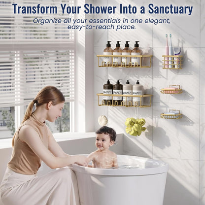 5 Pack Adhesive Bathroom Holders & Dispensers for Kids & Adults, Gold
