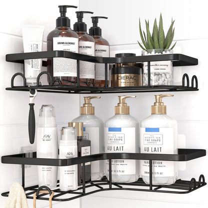 Sakugi Corner Shower Caddy - 2 Pack, Adhesive Shower Organizers, Rustproof Stainless Steel Shower Shelves with 8 Hooks, No Drilling Bathroom Organizers and Storage Racks, Space-Saving, Silver, Medium