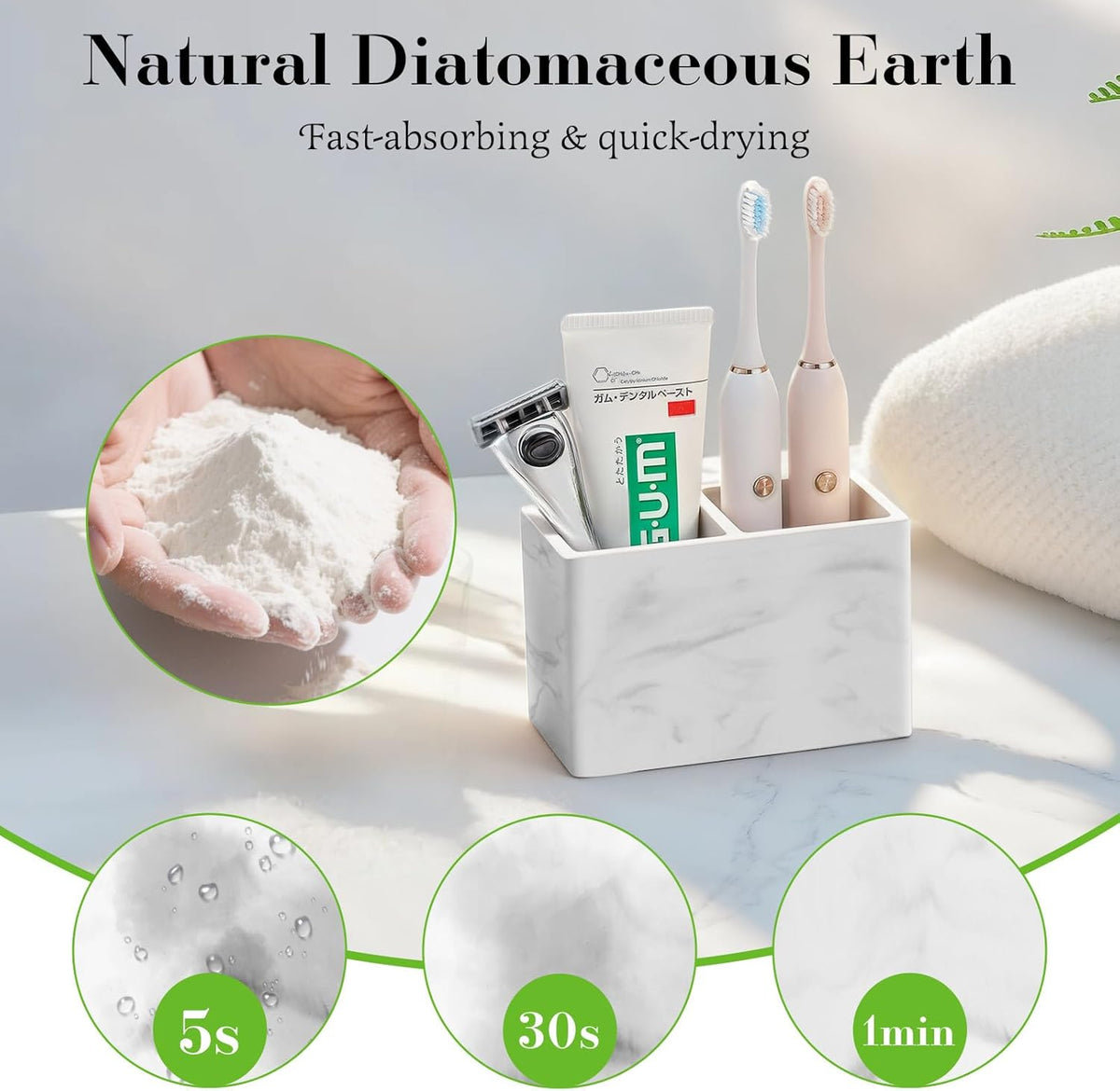 Luxspire Diatomite Toothbrush Holder, 2 Slots, Marble White