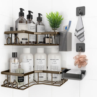 Adhesive Shower Caddy, 2 Pack Corner Bath Organizer, Rustproof Stainless Steel Shower Shelves with Large Capacity, No Drilling Shelves for Bathroom Storage, Home, Kitchen Decor (Silver).