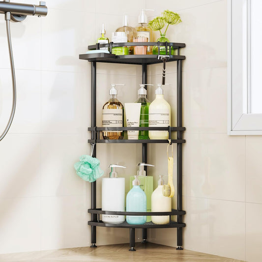 HapiRm Standing Corner Shower Caddy - 3 Tier Shower Organizer Corner with Soap Holder and 4 Hooks, Rustproof Bathroom Storage Shelves with Adhesives, Black