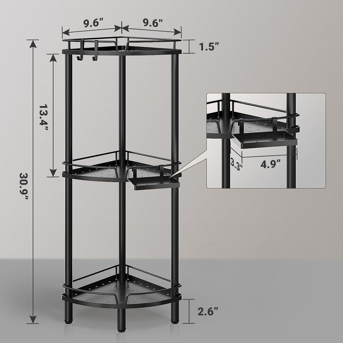 ELYKEN Corner Shower Caddy Standing, 3 Tier Metal Shower Organizer, Black