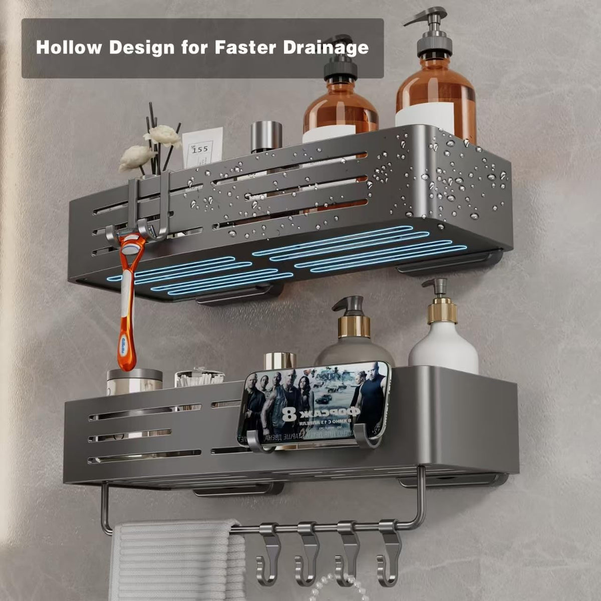 Voldra Shower Caddy Suction Cup, 2 Pack Shower Shelves for Inside Shower No Drilling, Aluminum Suction Showers Organizer with Towel Bar & Hooks Removable Bathroom Shelf Storage Rack(Gray)