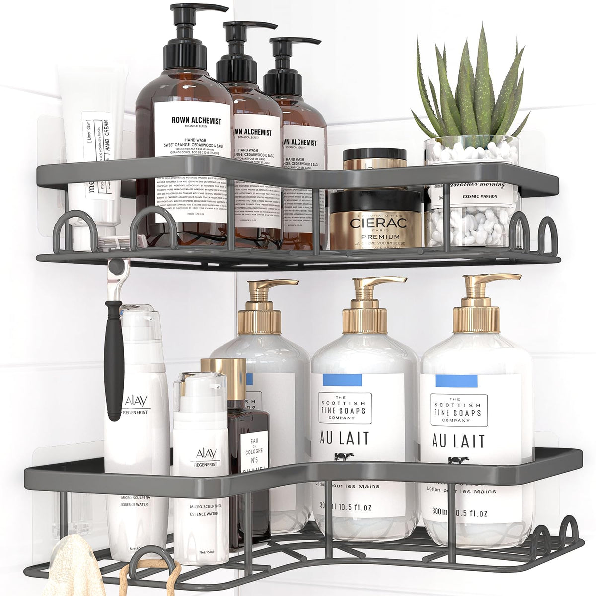 Sakugi Corner Shower Caddy - 2 Pack, Adhesive Shower Organizers, Rustproof Stainless Steel Shower Shelves with 8 Hooks, No Drilling Bathroom Organizers and Storage Racks, Space-Saving, Silver, Medium