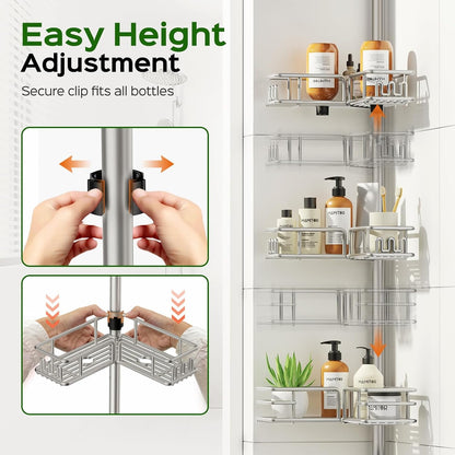 HAMITOR Shower Caddy Tension Pole, 4-Tier No Drill Corner Shower Organizer