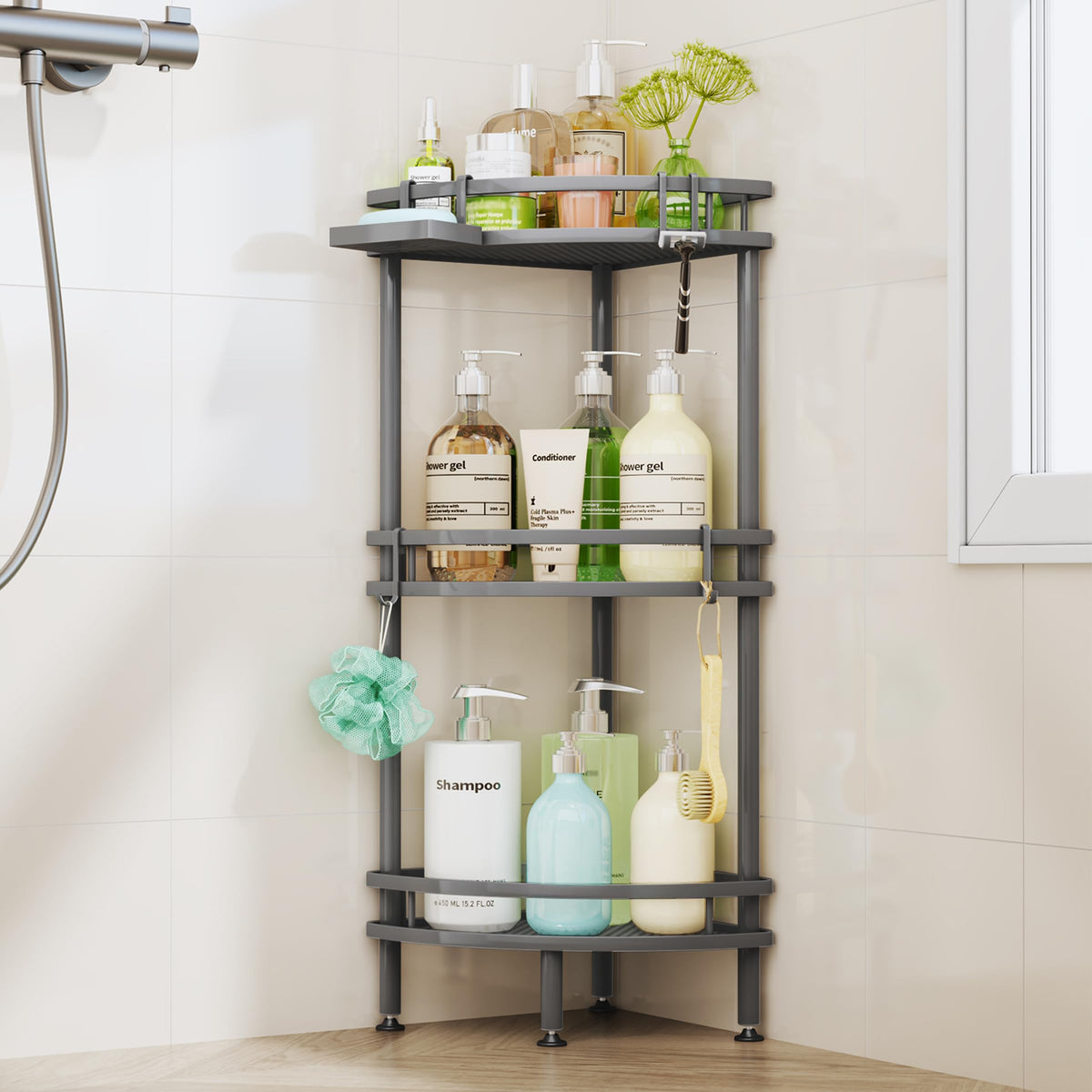 HapiRm Standing Corner Shower Caddy - 3 Tier Shower Organizer Corner with Soap Holder and 4 Hooks, Rustproof Bathroom Storage Shelves with Adhesives, Black