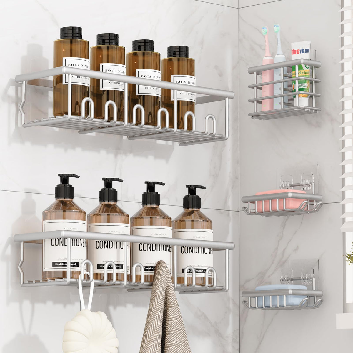 8 Pack Adhesive Bathroom Holders & Dispensers for Kids & Adults, Black