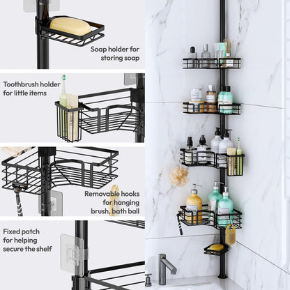 SWTYMIKI Shower Caddy Tension Pole - 4-Tier Corner Shower Organizer Tension Rod with Soap Holder, Toothbrush Holder & 4 Hooks, Adjustable Stainless Steel Bathroom Organizer 27.6 to 108.3 inch, Black