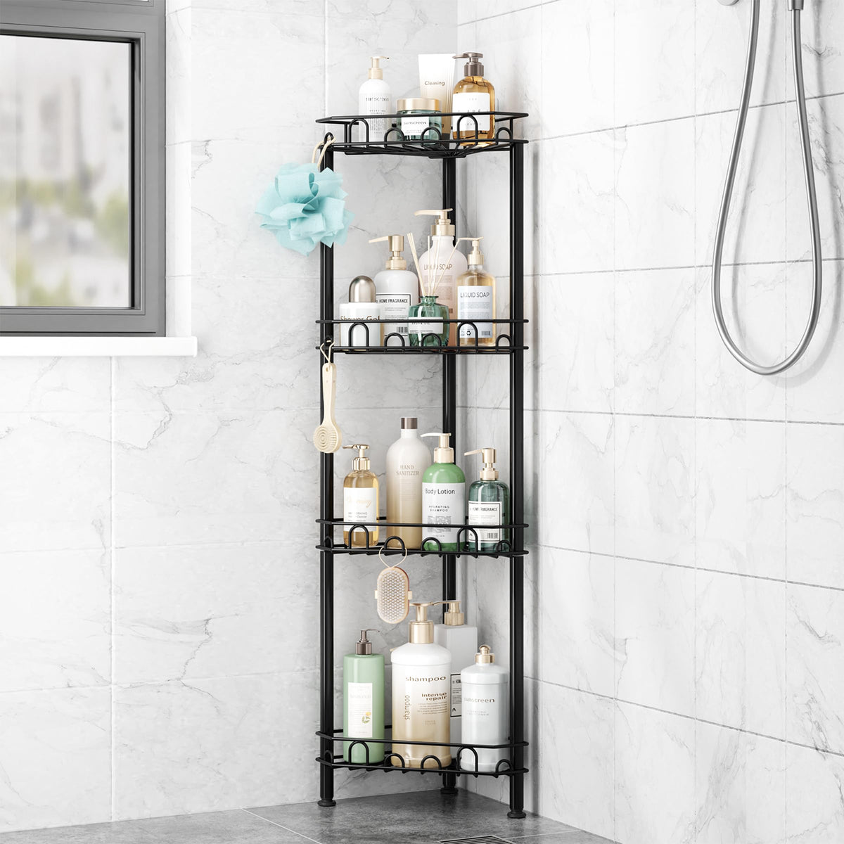 SWTYMIKI Standing Shower Caddy Corner - 3‑Tier Stainless Steel Shower Organizer Shelf with 12 Hooks and Adhesive Pads, Rustproof Corner Shelves Stand Rack for Bathroom Shower Room, Black